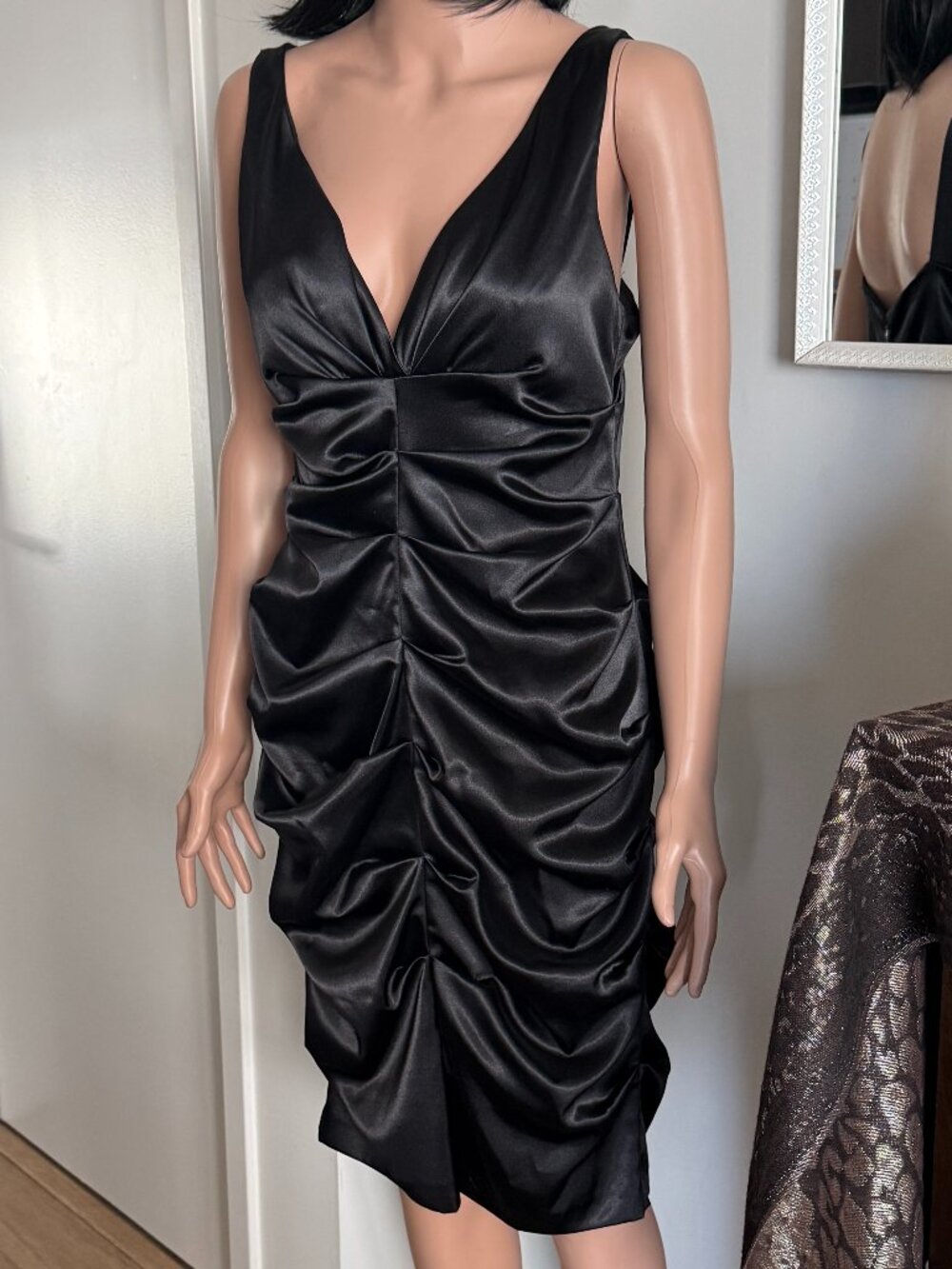 BLONDIE NITES by Linda Bernell | Black Satin Ruched Bodycon Cocktail Dress | 12
